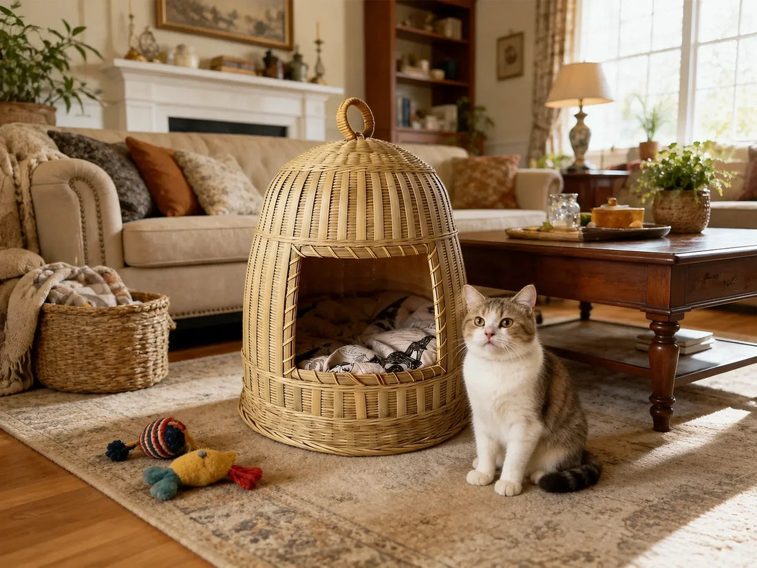 Boho Rattan Elevated Cat House: Stylish Wooden Pet Cave for Indoor Cats