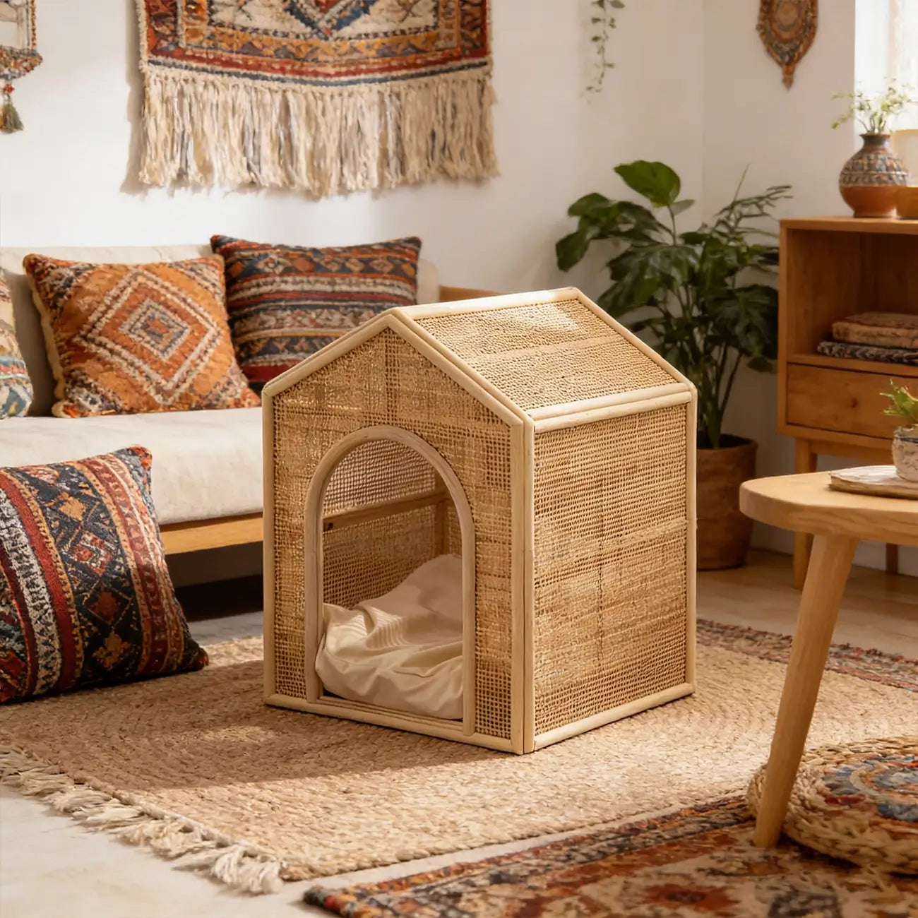 Boho Rattan Elevated Cat House: Stylish Wooden Pet Cave for Indoor Cats
