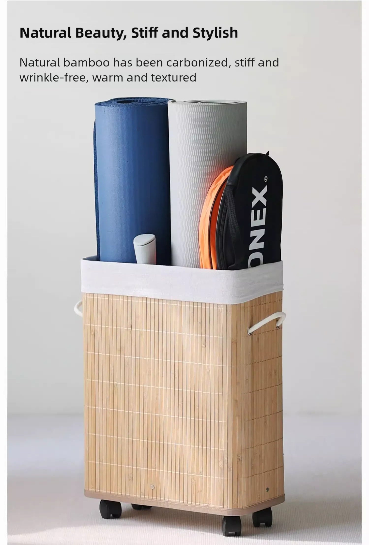 Bamboo Dirty Clothes Yoga Mat Artwork Storage Basket with Wheels