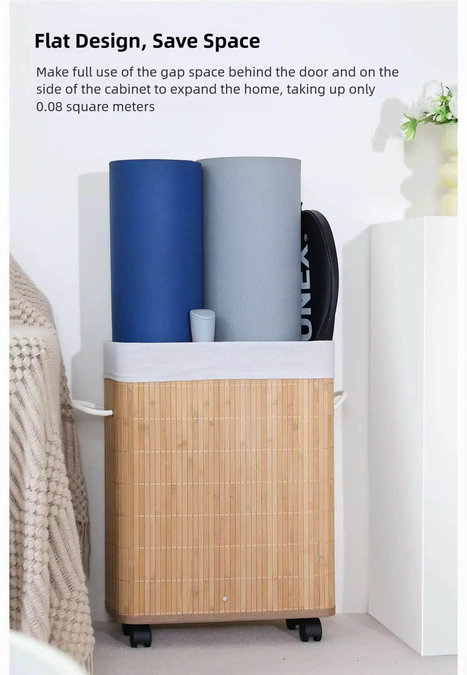 Bamboo Dirty Clothes Yoga Mat Artwork Storage Basket with Wheels