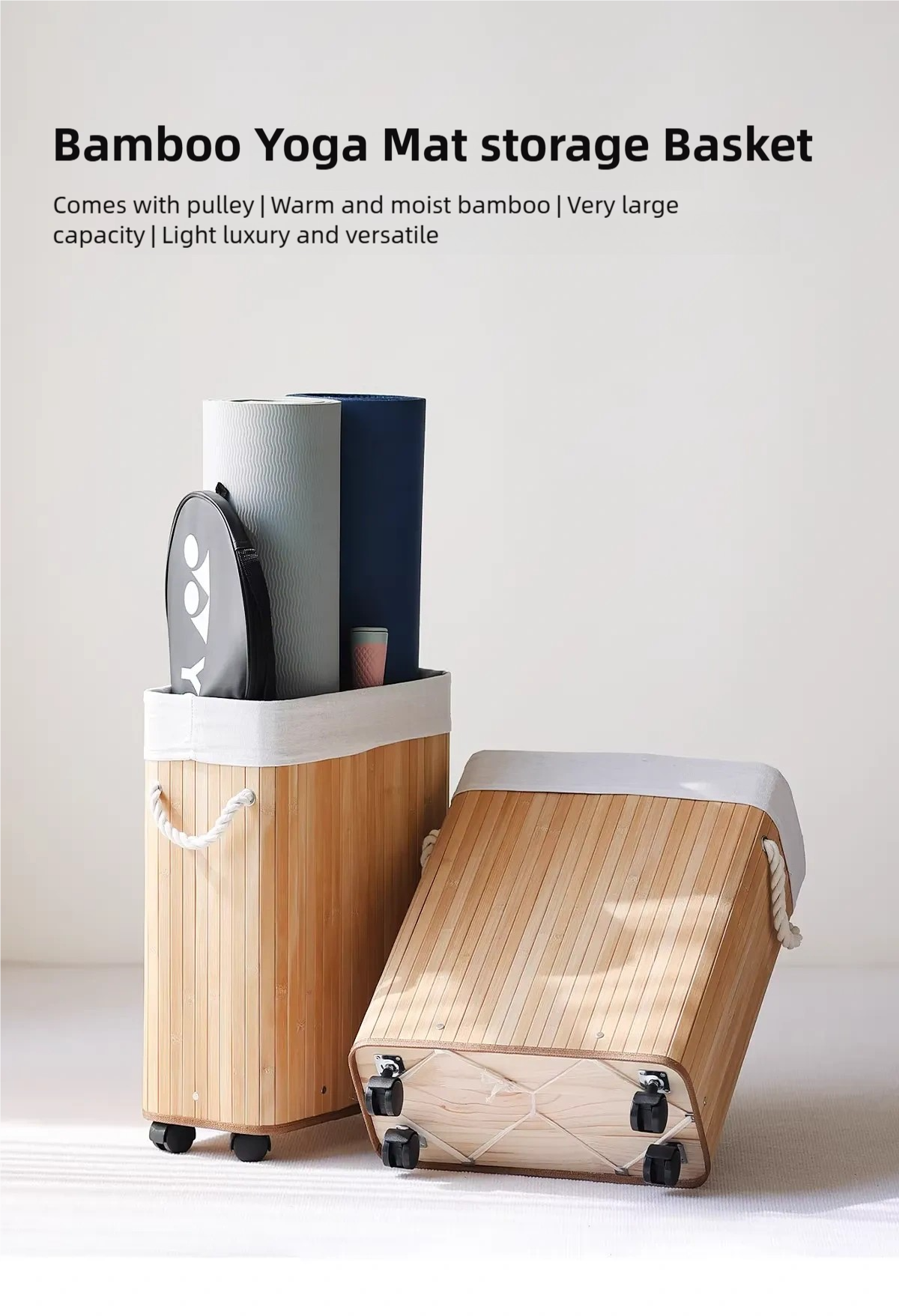 Bamboo Dirty Clothes Yoga Mat Artwork Storage Basket with Wheels