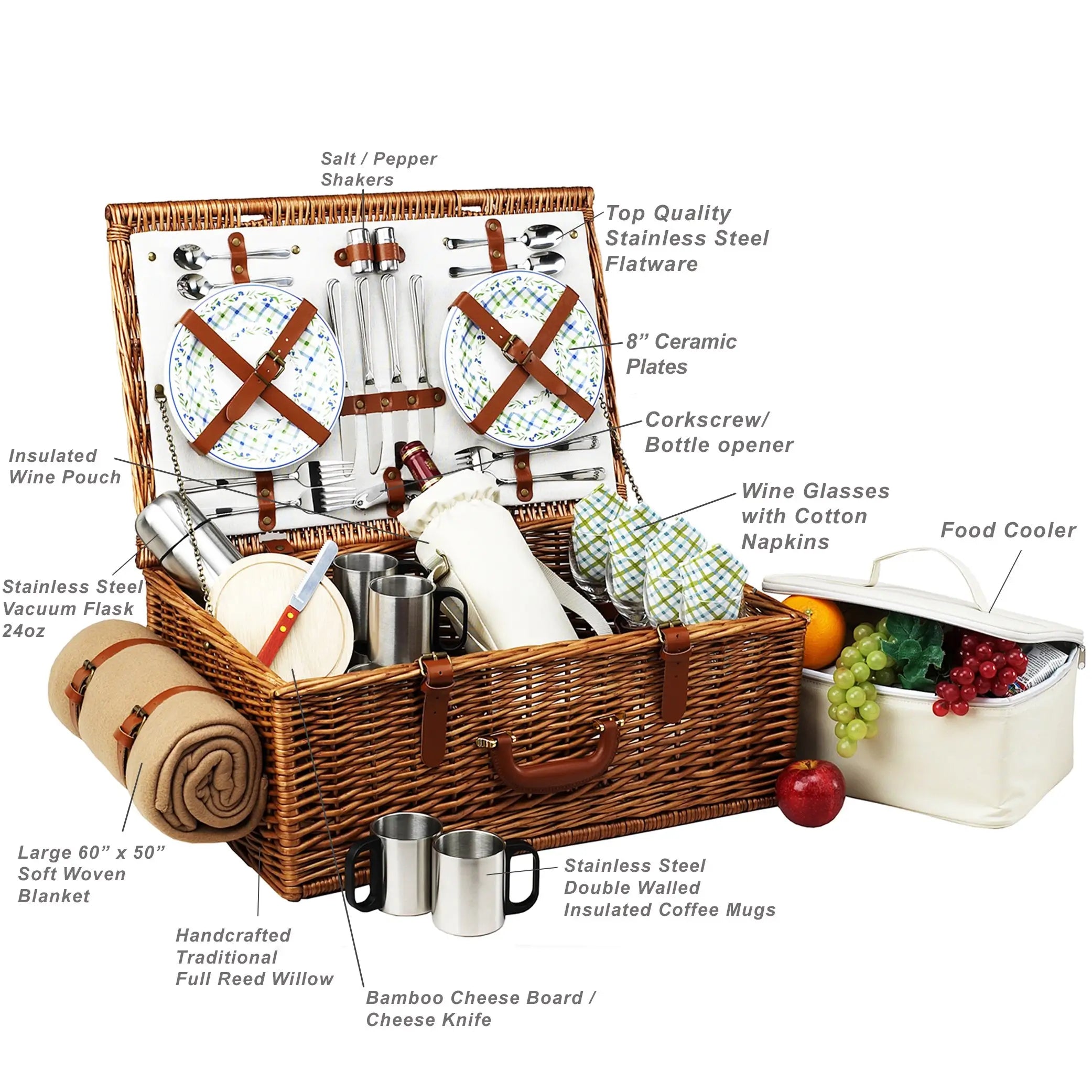 Dorset Wicker Pcnic Basket with Cutlery and Blanket for 4