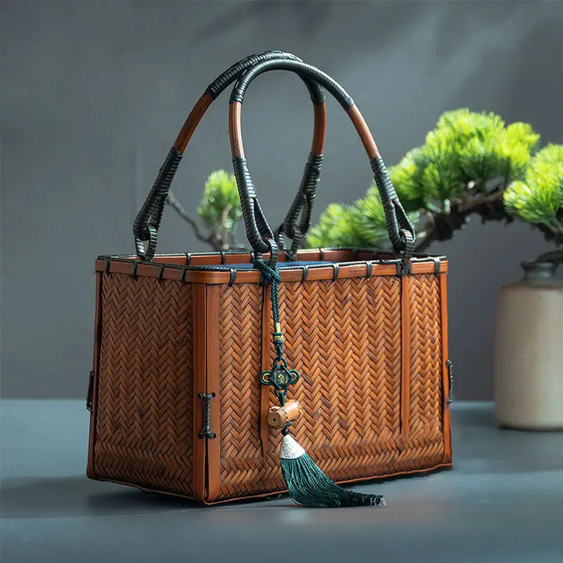 Bamboo Woven Handbag for Women Outdoor Picnic Bag