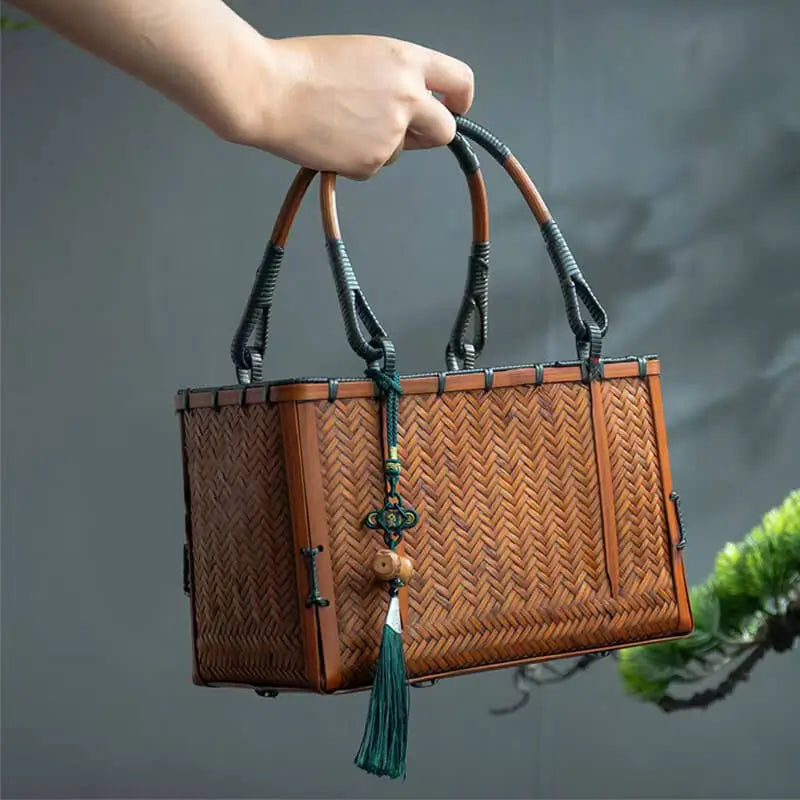 Bamboo Woven Handbag for Women Outdoor Picnic Bag