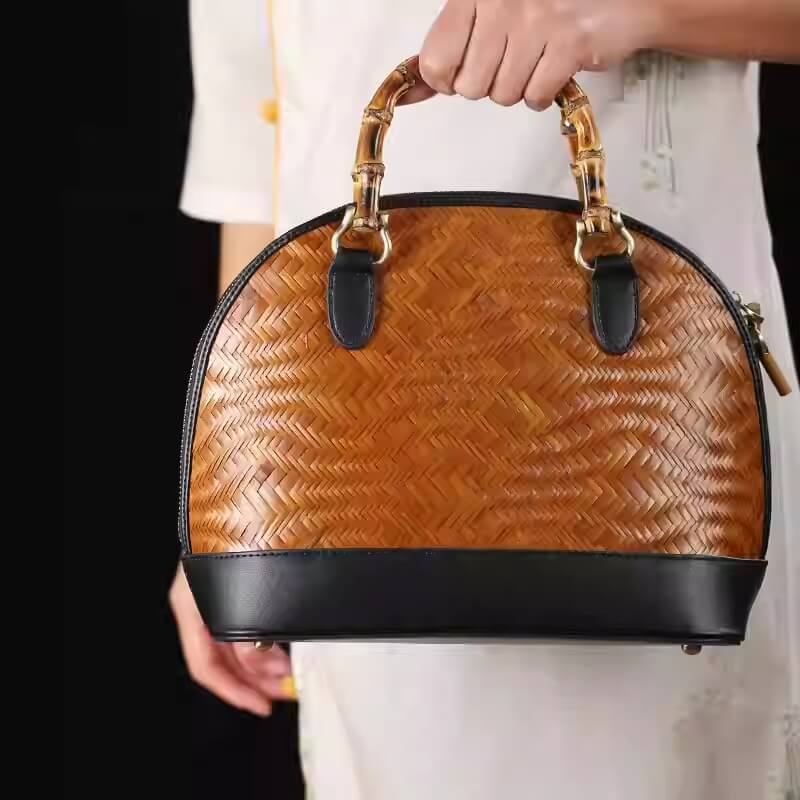 Bamboo Woven Wave Pattern Shell Leather Bag