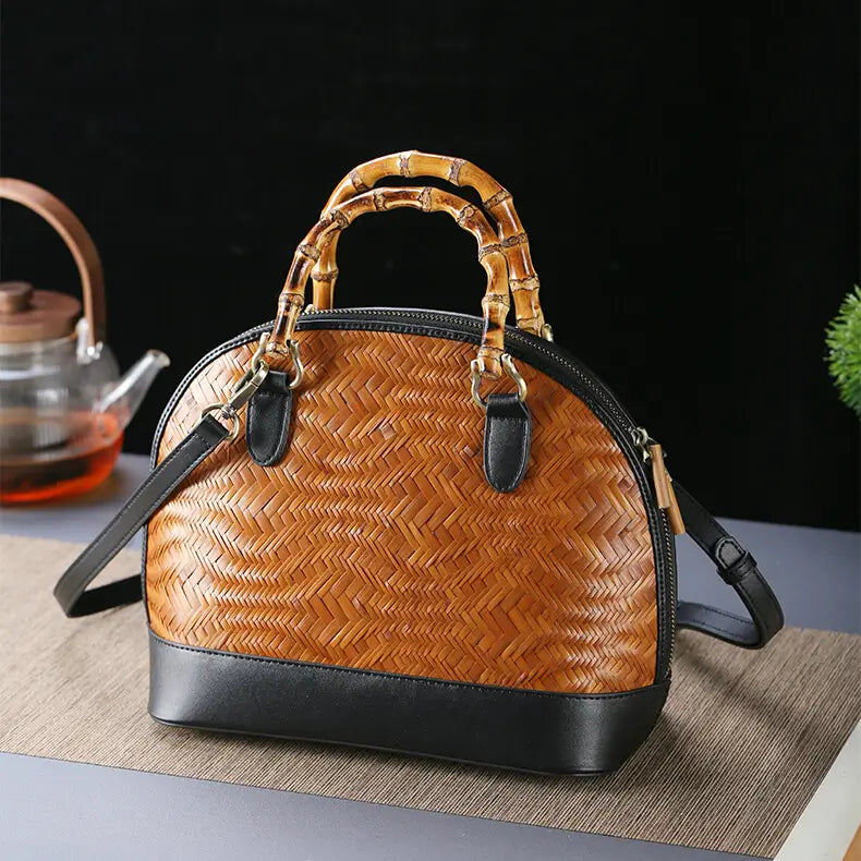 Bamboo Woven Wave Pattern Shell Leather Bag