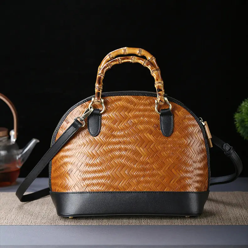Bamboo Woven Wave Pattern Shell Leather Bag