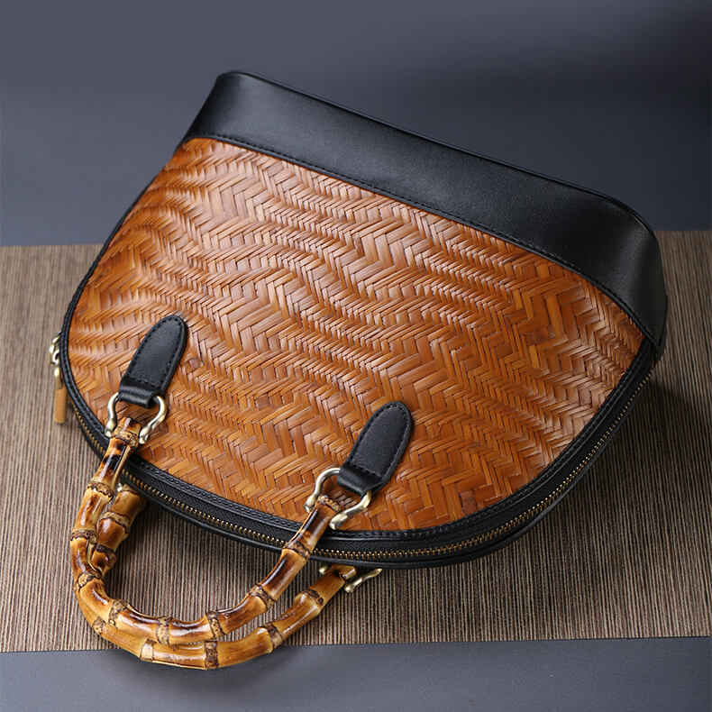 Bamboo Woven Wave Pattern Shell Leather Bag