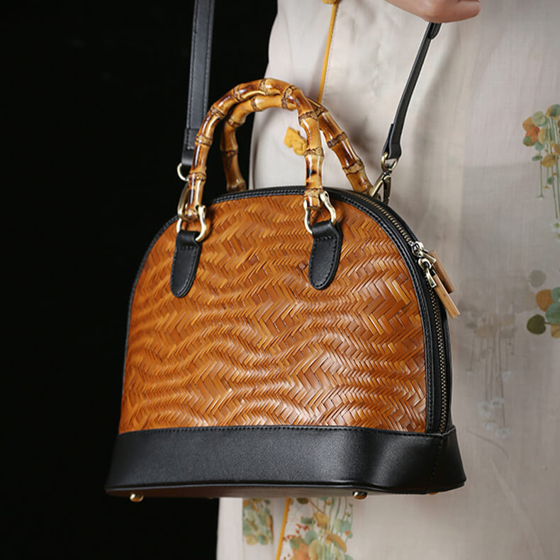 Bamboo Woven Wave Pattern Shell Leather Bag