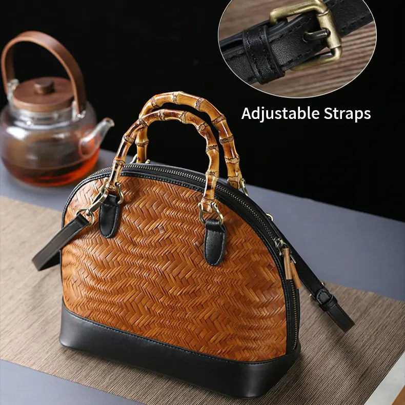 Bamboo Woven Wave Pattern Shell Leather Bag