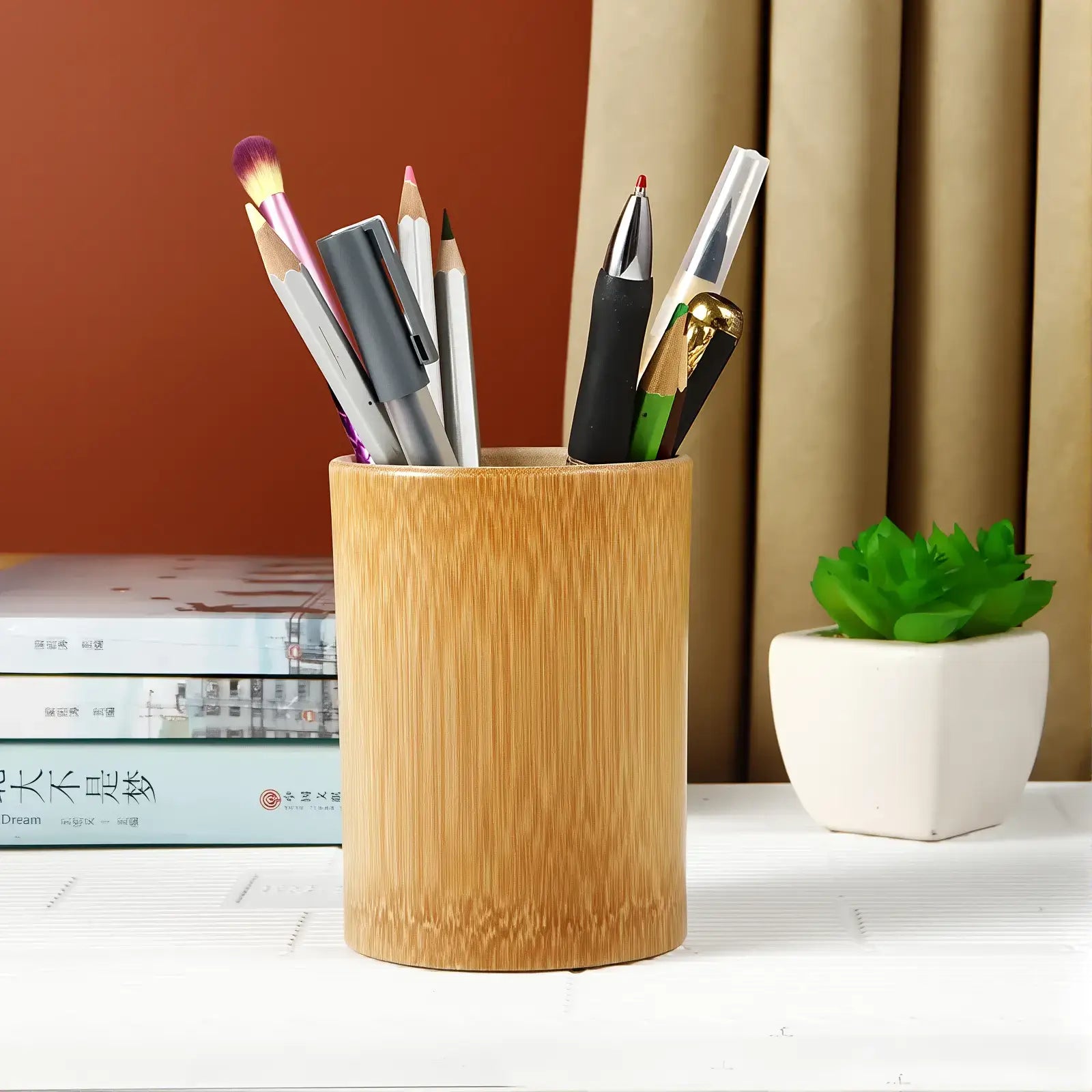 NienBam Creative Hollowed Water Cube Bamboo Round Office Pen Holder