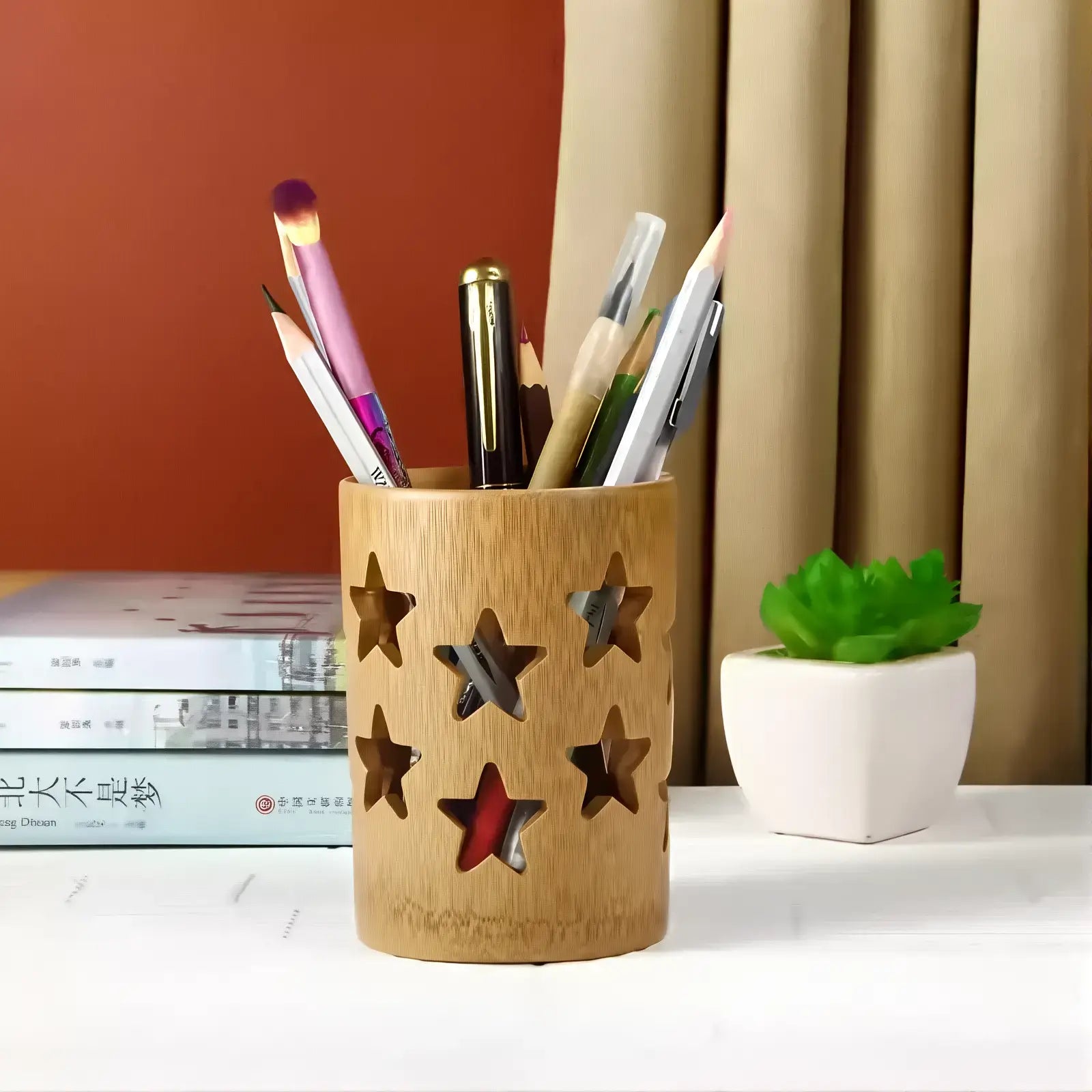 NienBam Creative Hollowed Water Cube Bamboo Round Office Pen Holder