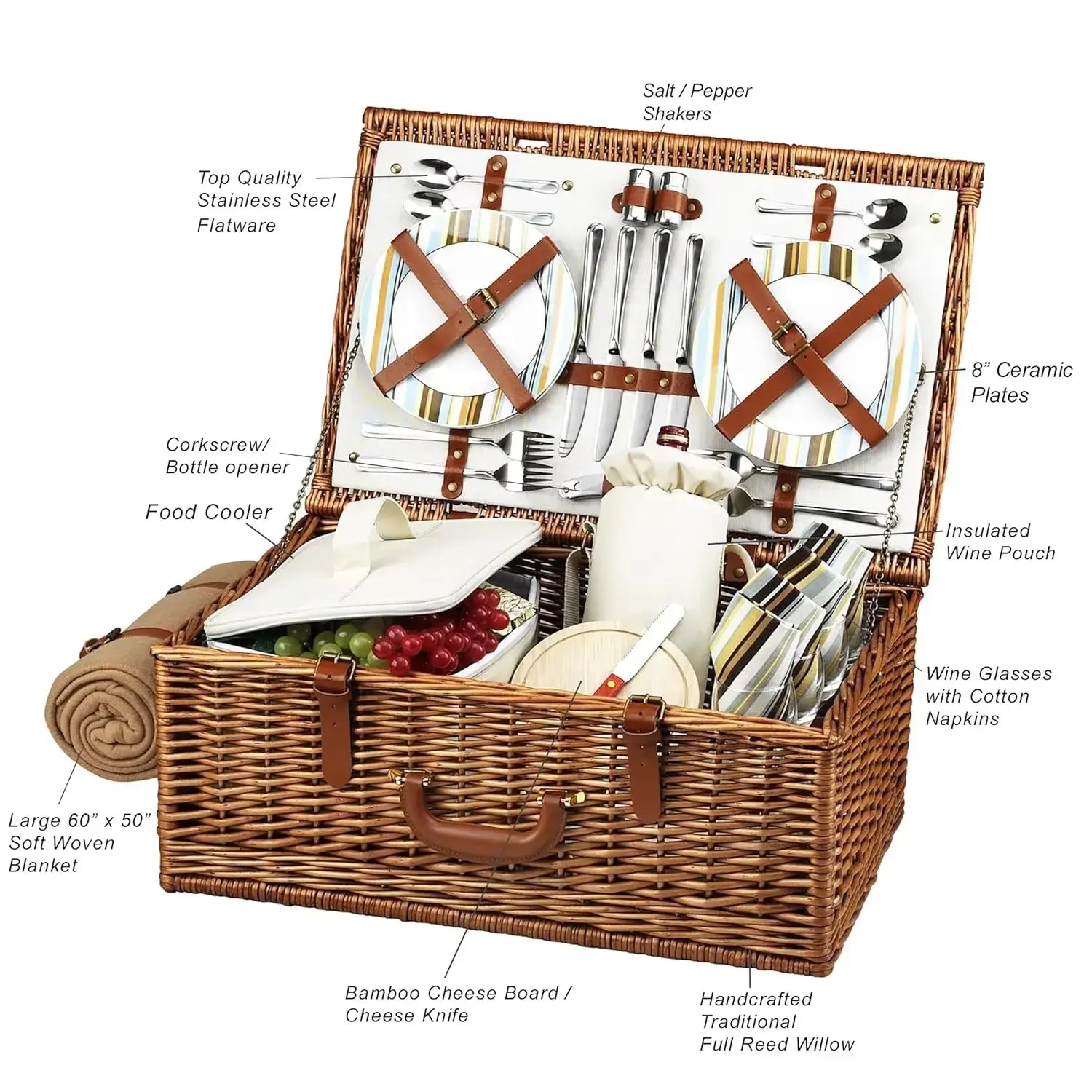 Dorset Wicker Pcnic Basket with Cutlery and Blanket for 4