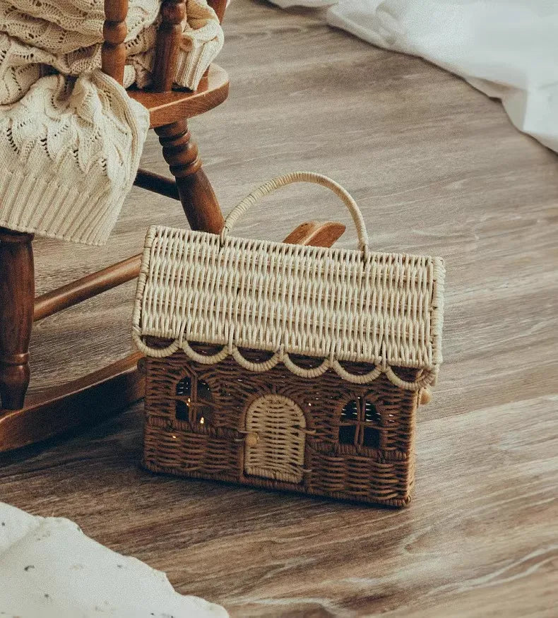 Rattan Nordic Hut Basket Kids Play House Storage Basket with Lid