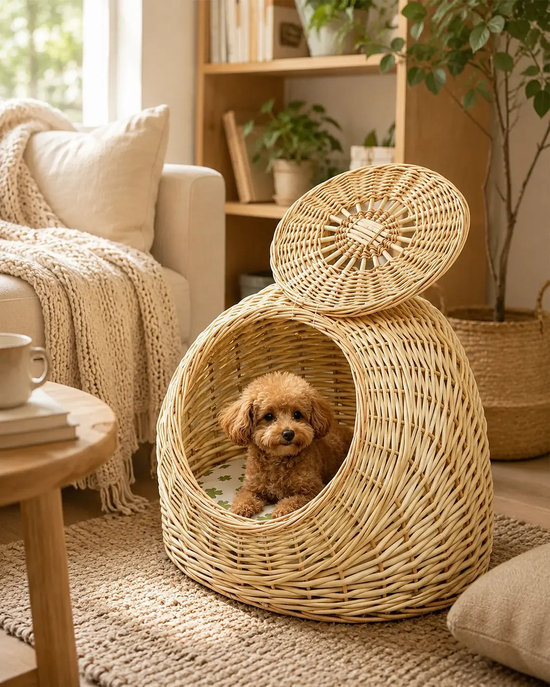 Wicker Pet Carrier with Lid | 2-in-1 Cat & Dog Bed for Travel & Home