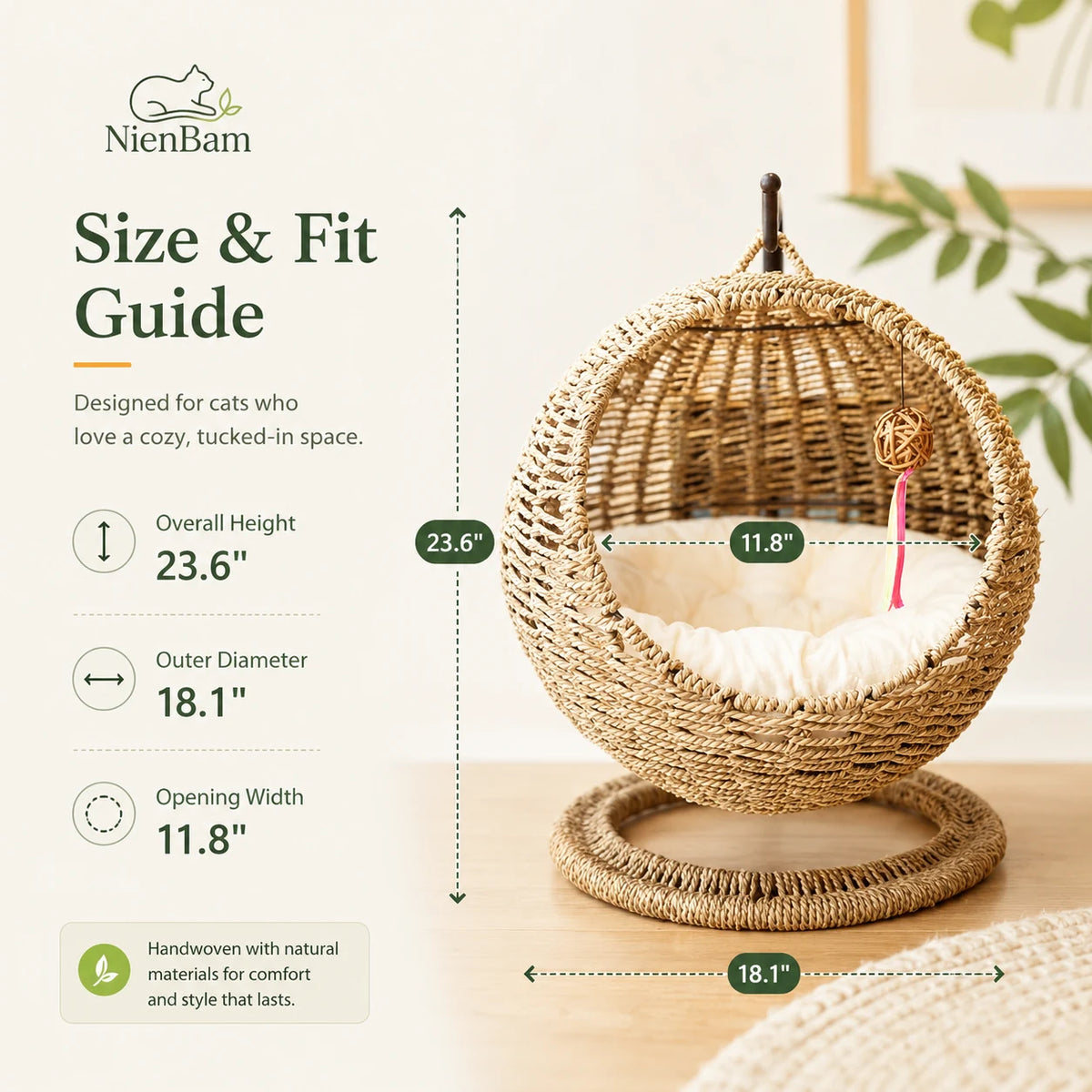 NienBam Sora Orbit | Hanging Seagrass Cat Bed with Stand