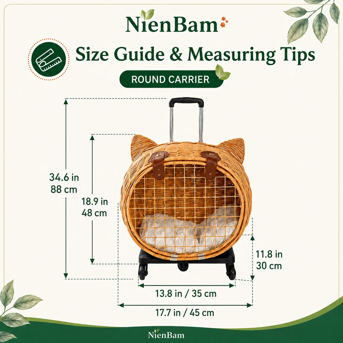 NienBam Rova Roll | Wicker Rolling Cat Carrier with Cushion
