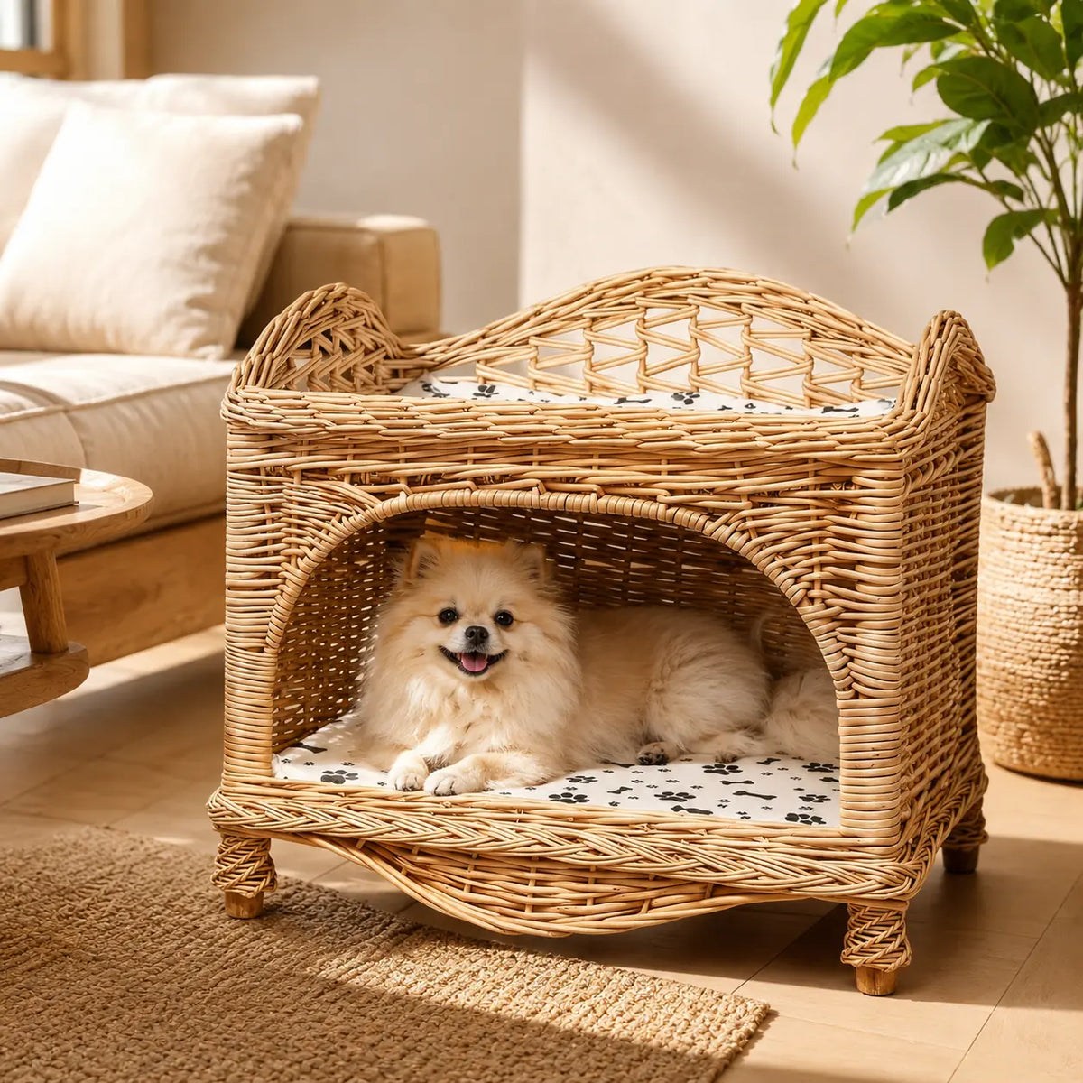 NienBam Mori Loft | 2-Tier Wicker Pet Bed with Cushions
