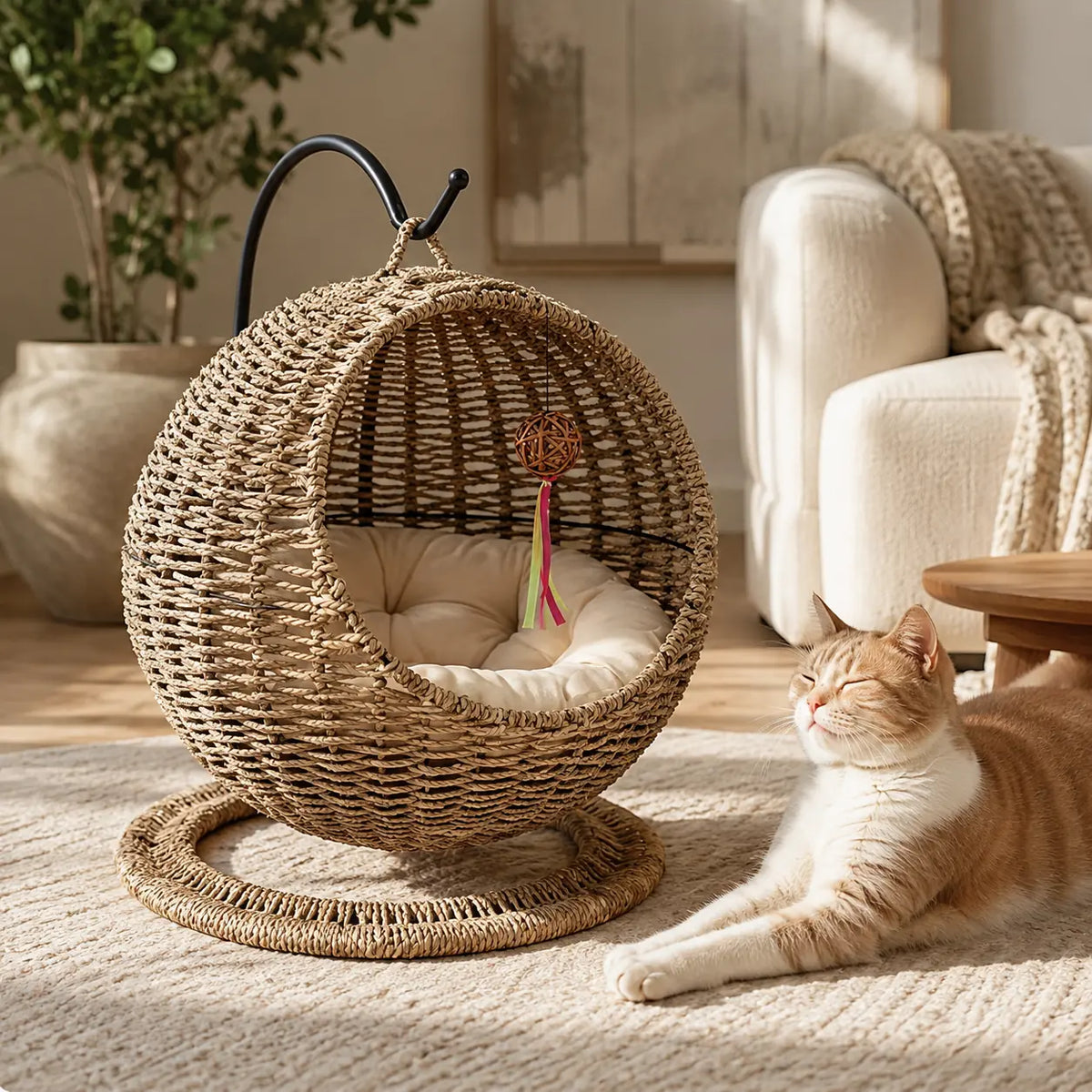 NienBam Sora Orbit | Hanging Seagrass Cat Bed with Stand