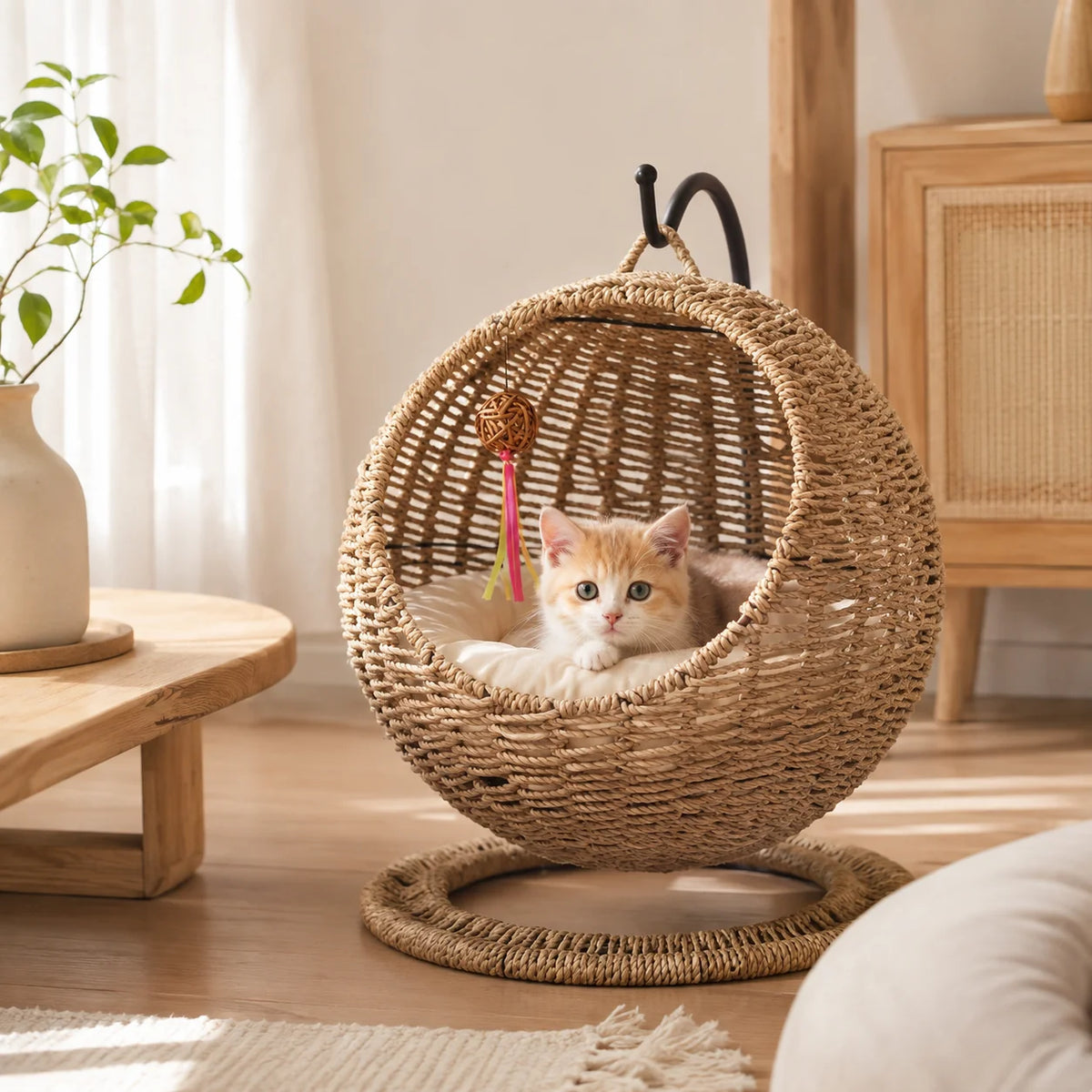 NienBam Sora Orbit | Hanging Seagrass Cat Bed with Stand