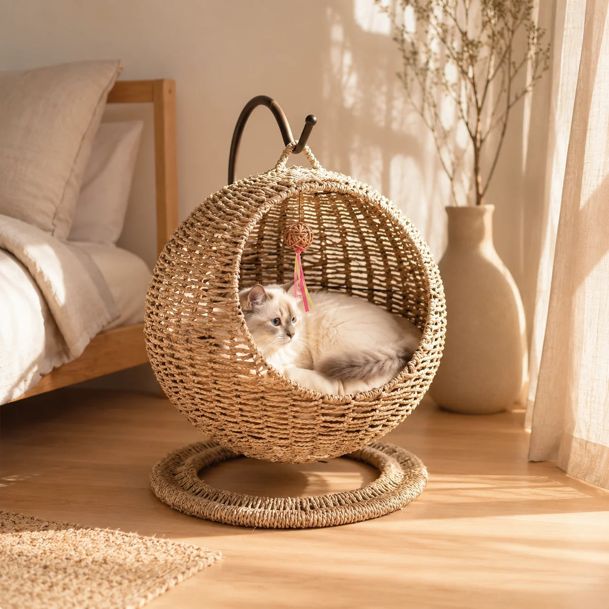 NienBam Sora Orbit | Hanging Seagrass Cat Bed with Stand