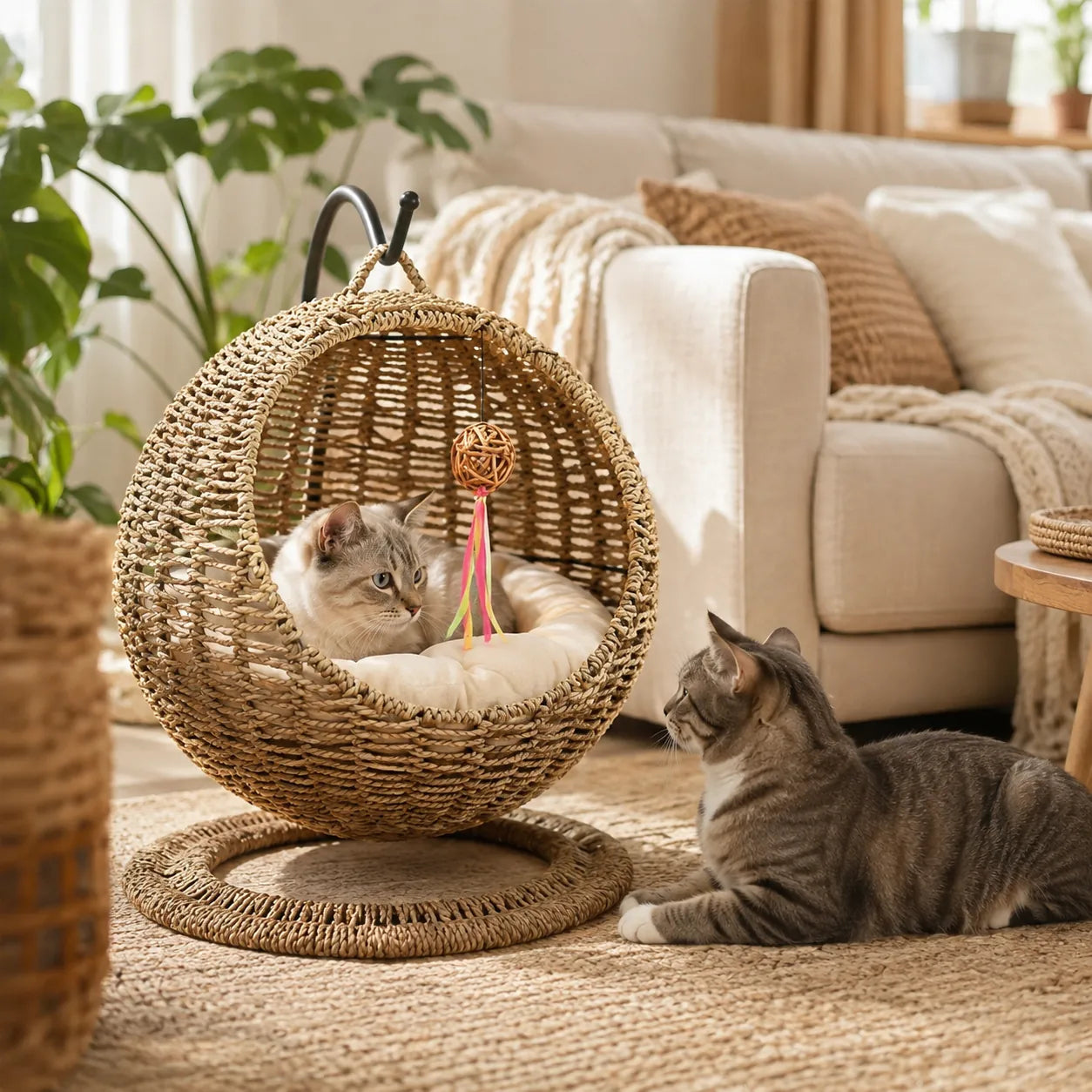 NienBam Sora Orbit | Hanging Seagrass Cat Bed with Stand