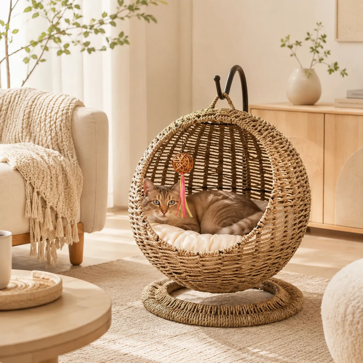 NienBam Sora Orbit | Hanging Seagrass Cat Bed with Stand