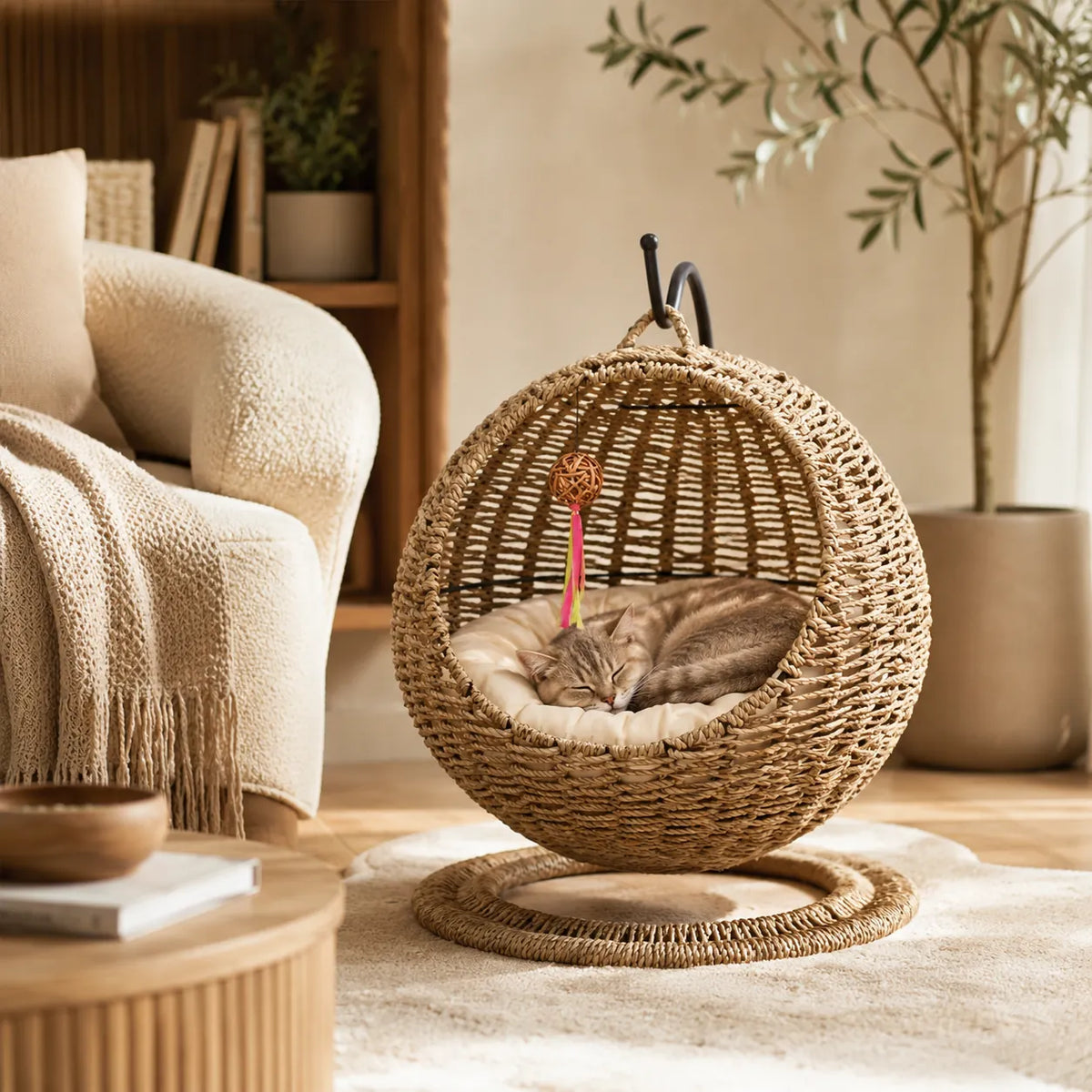 NienBam Sora Orbit | Hanging Seagrass Cat Bed with Stand