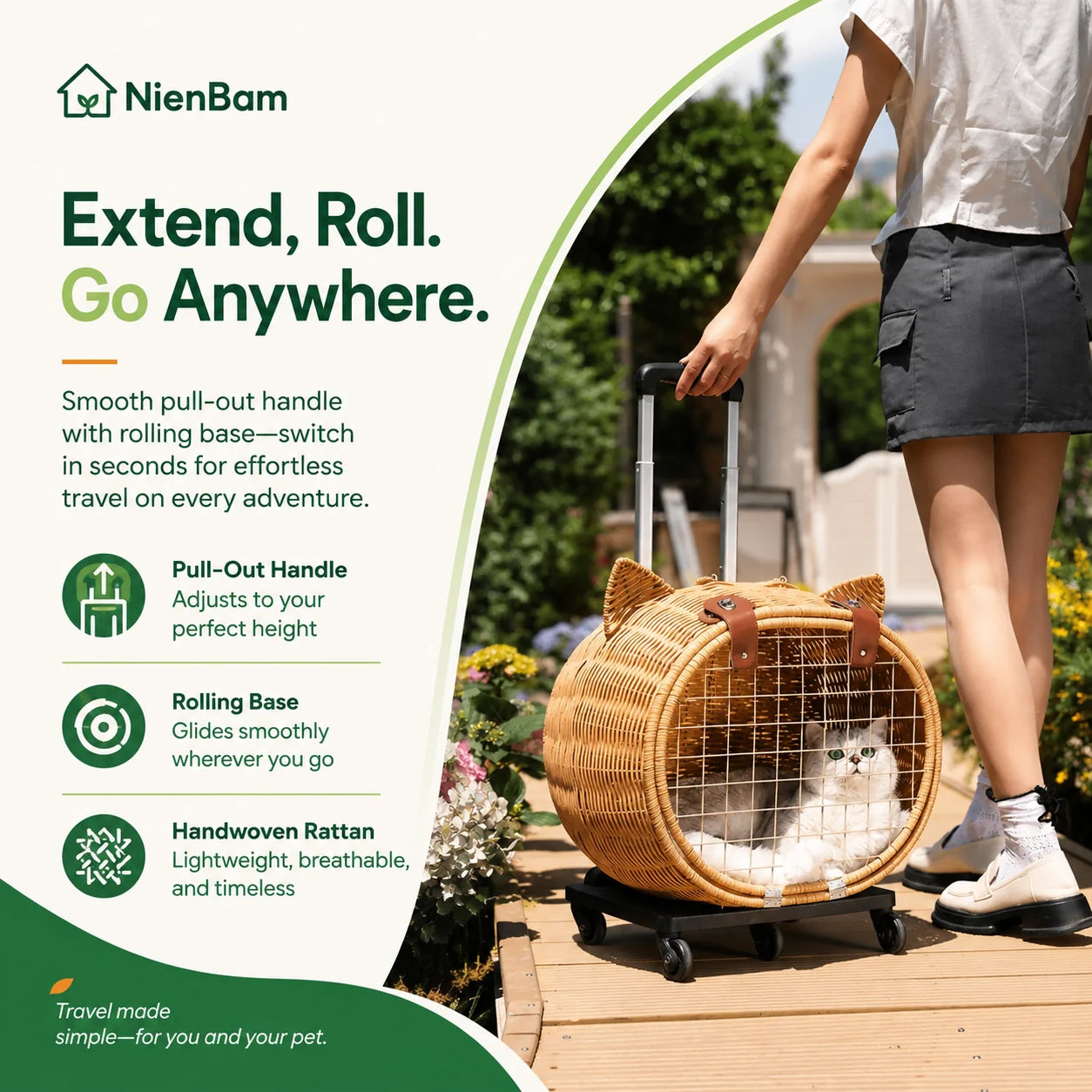 NienBam Rova Roll | Wicker Rolling Cat Carrier with Cushion