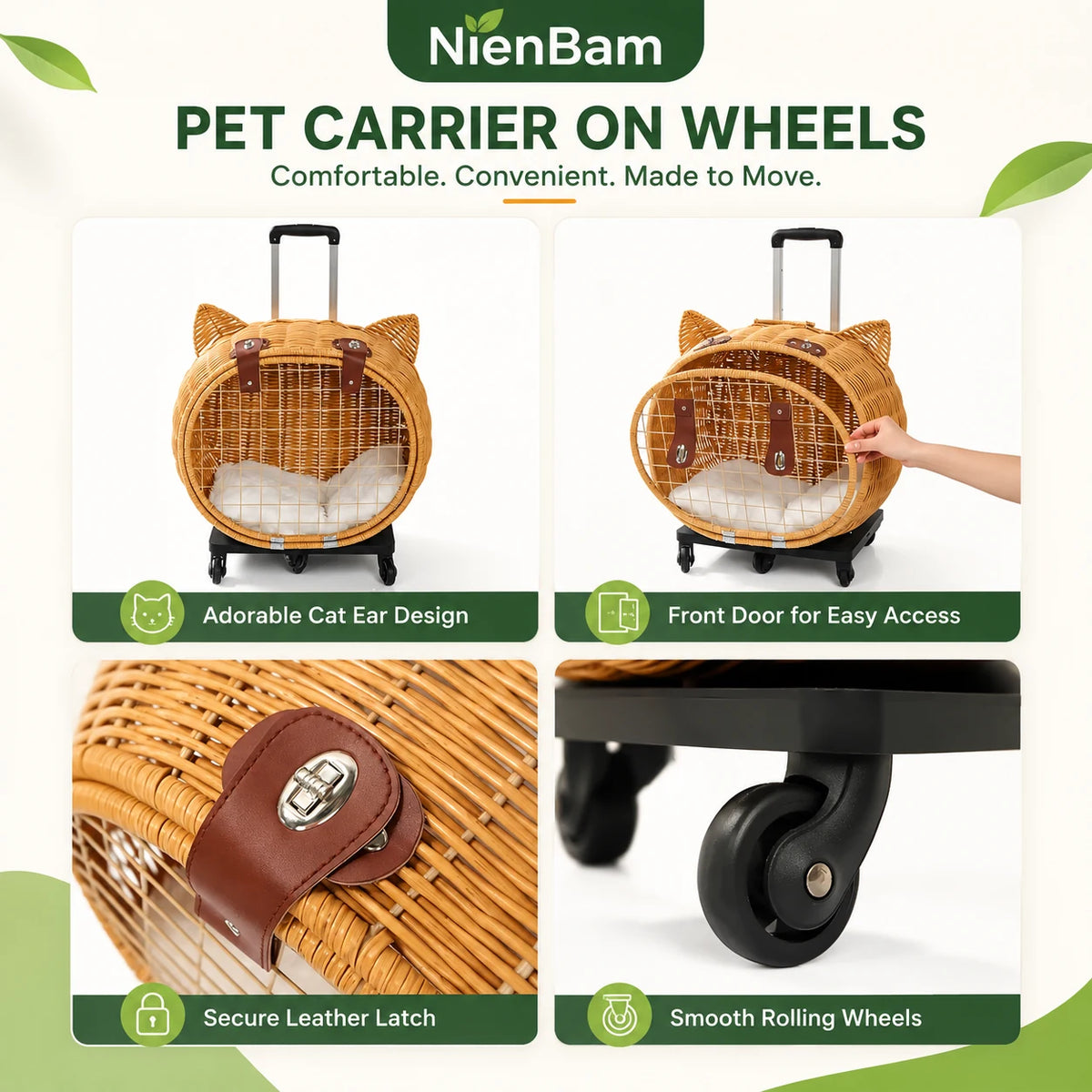 NienBam Rova Roll | Wicker Rolling Cat Carrier with Cushion