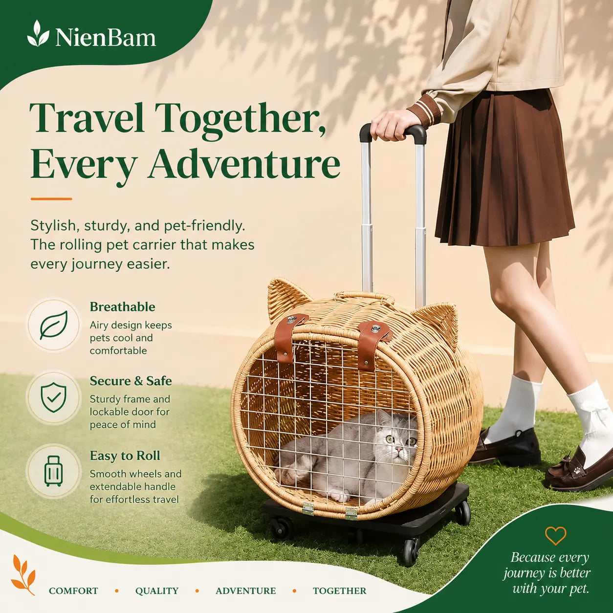 NienBam Rova Roll | Wicker Rolling Cat Carrier with Cushion