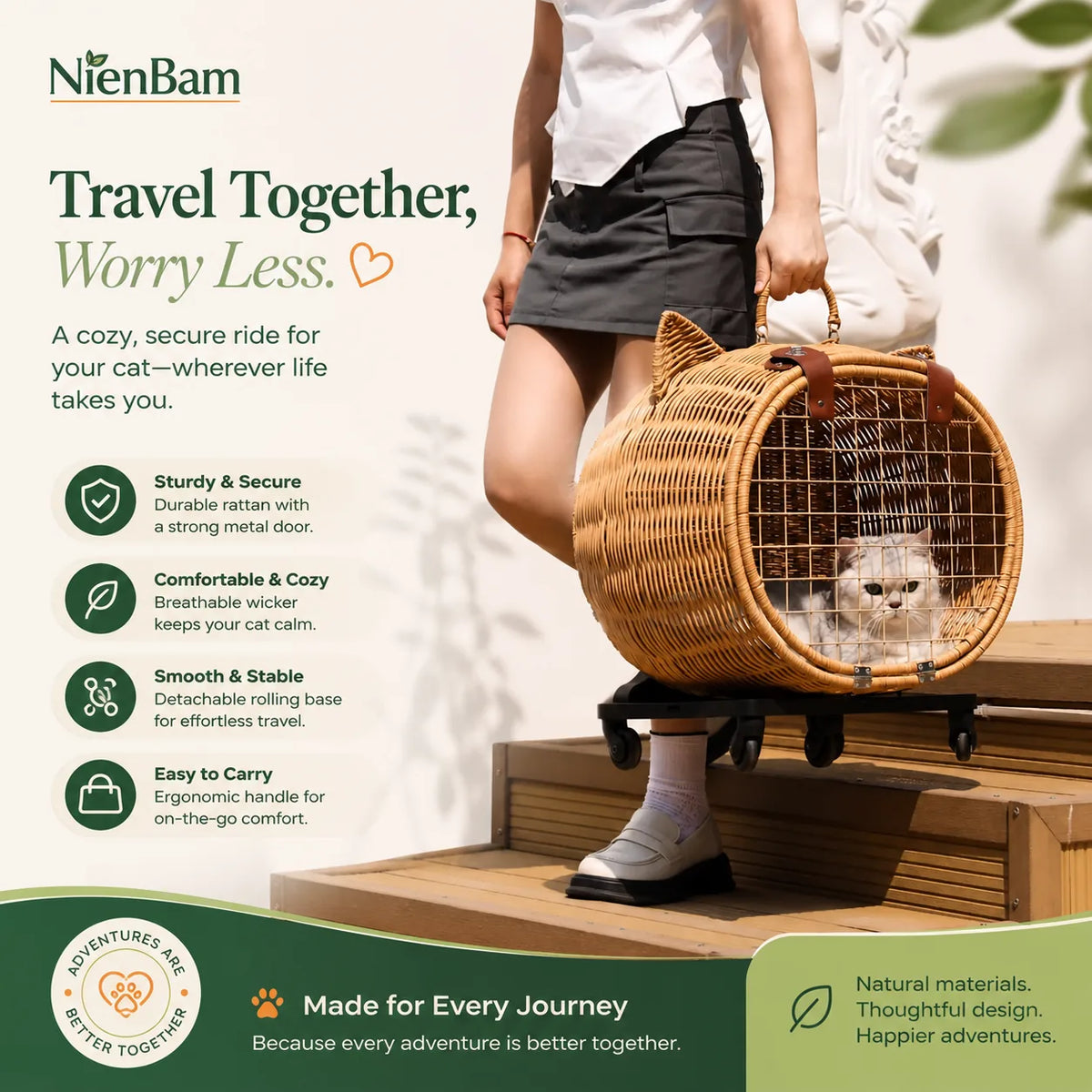 NienBam Rova Roll | Wicker Rolling Cat Carrier with Cushion