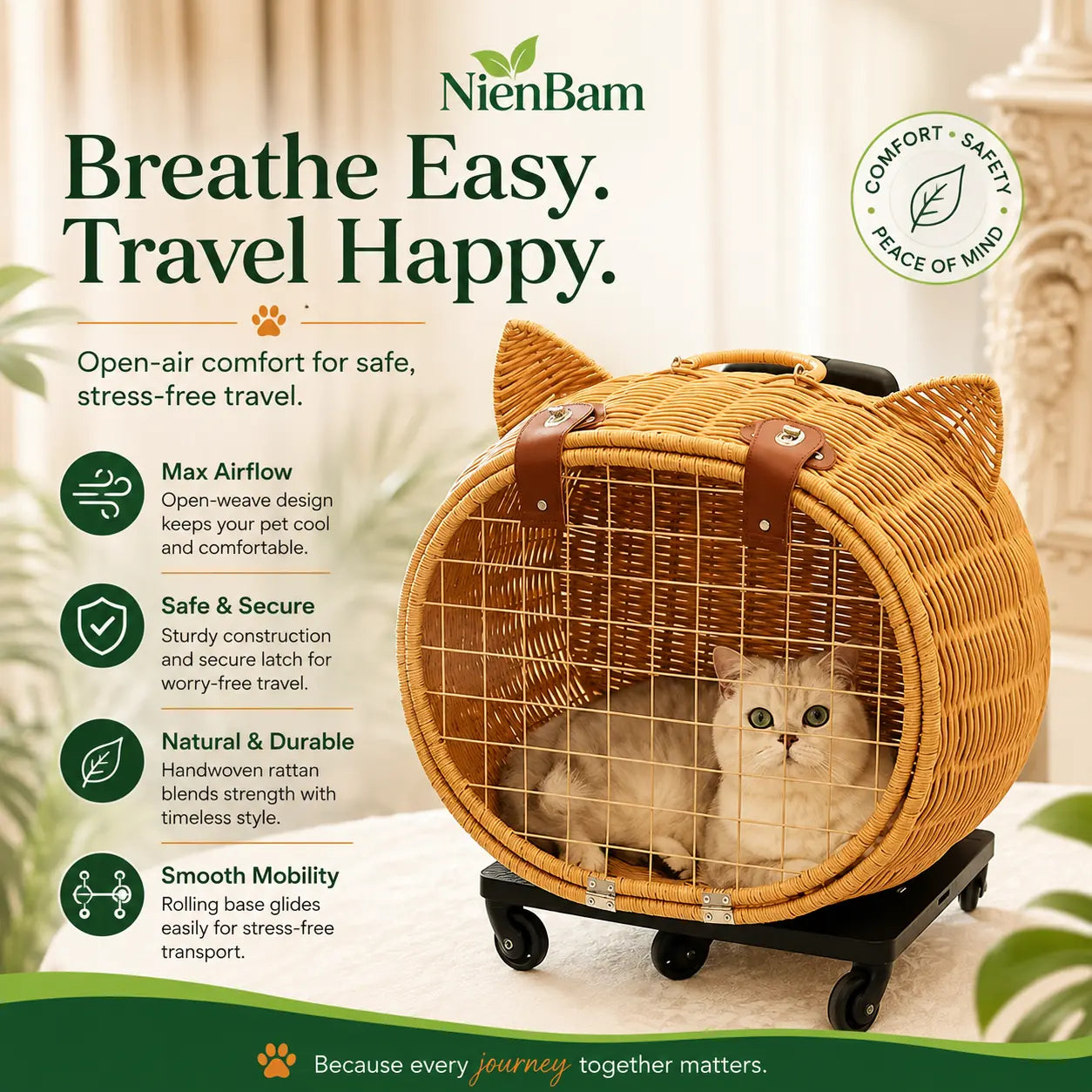 NienBam Rova Roll | Wicker Rolling Cat Carrier with Cushion