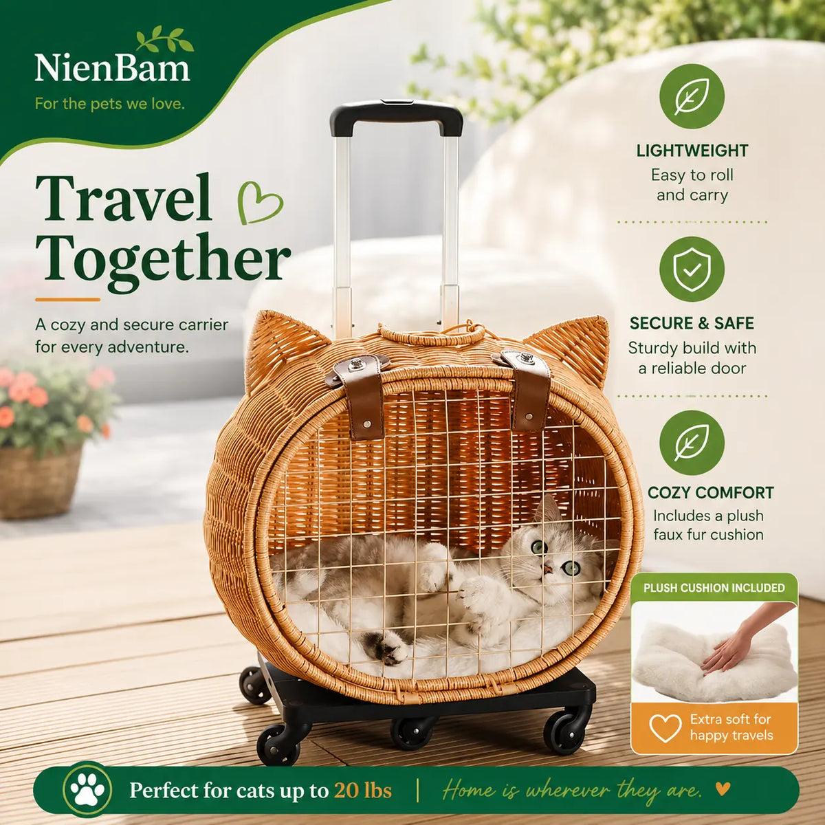 NienBam Rova Roll | Wicker Rolling Cat Carrier with Cushion