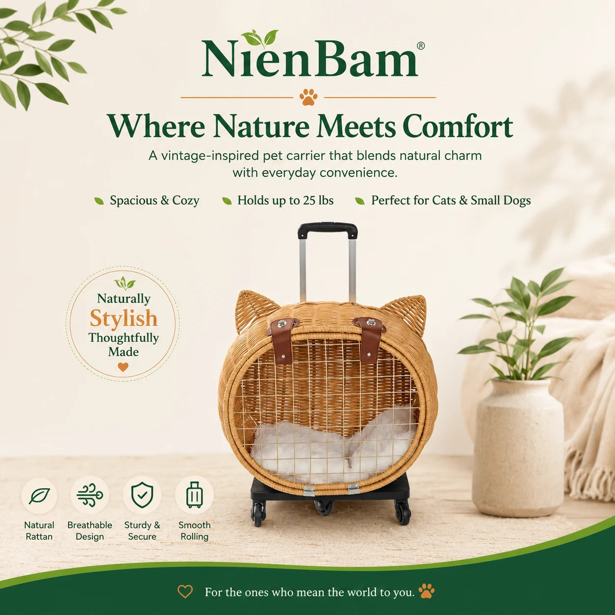 NienBam Rova Roll | Wicker Rolling Cat Carrier with Cushion