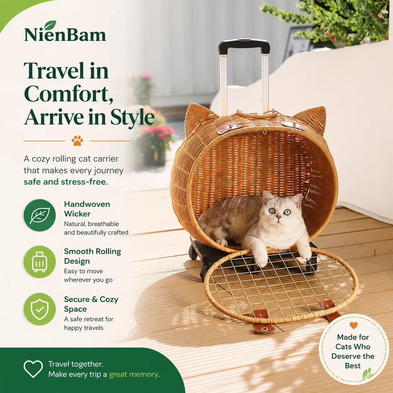 NienBam Rova Roll | Wicker Rolling Cat Carrier with Cushion