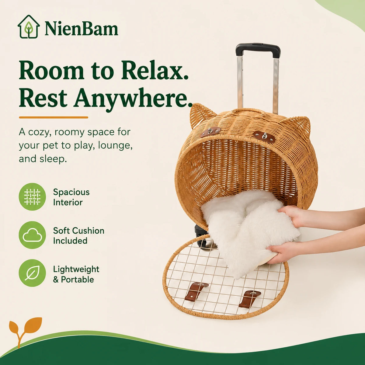 NienBam Rova Roll | Wicker Rolling Cat Carrier with Cushion