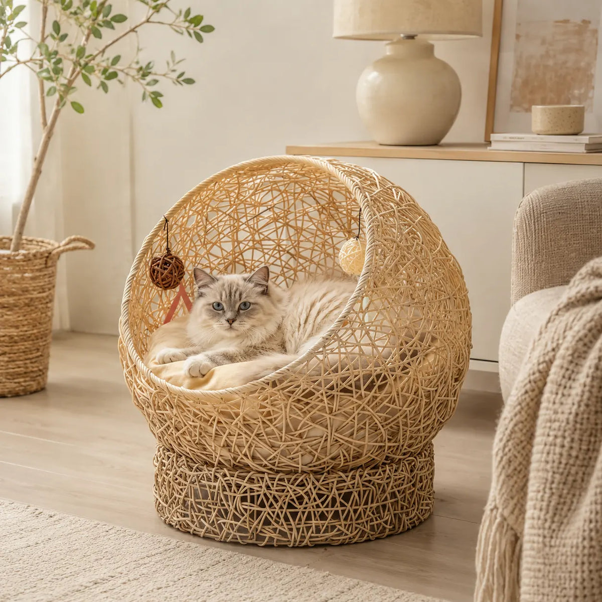 NienBam Sora Pod | Wicker Ball Cat Bed with Removable Cushion