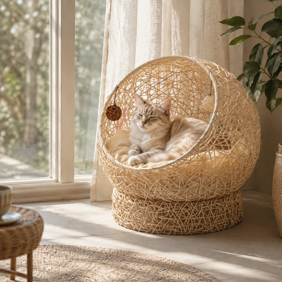 NienBam Sora Pod | Wicker Ball Cat Bed with Removable Cushion
