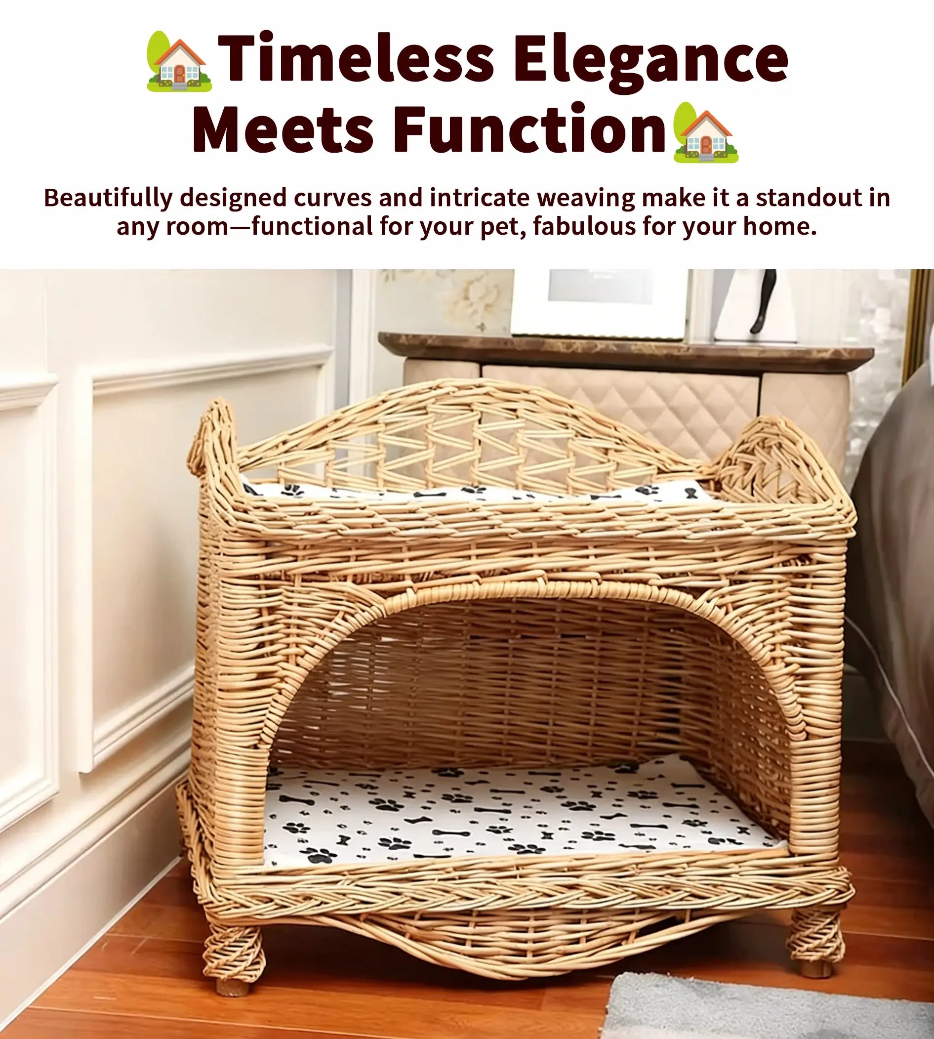 2-Tier Wicker Pet Bed  Elevated Rattan Cat Furniture with Removable Cushions
