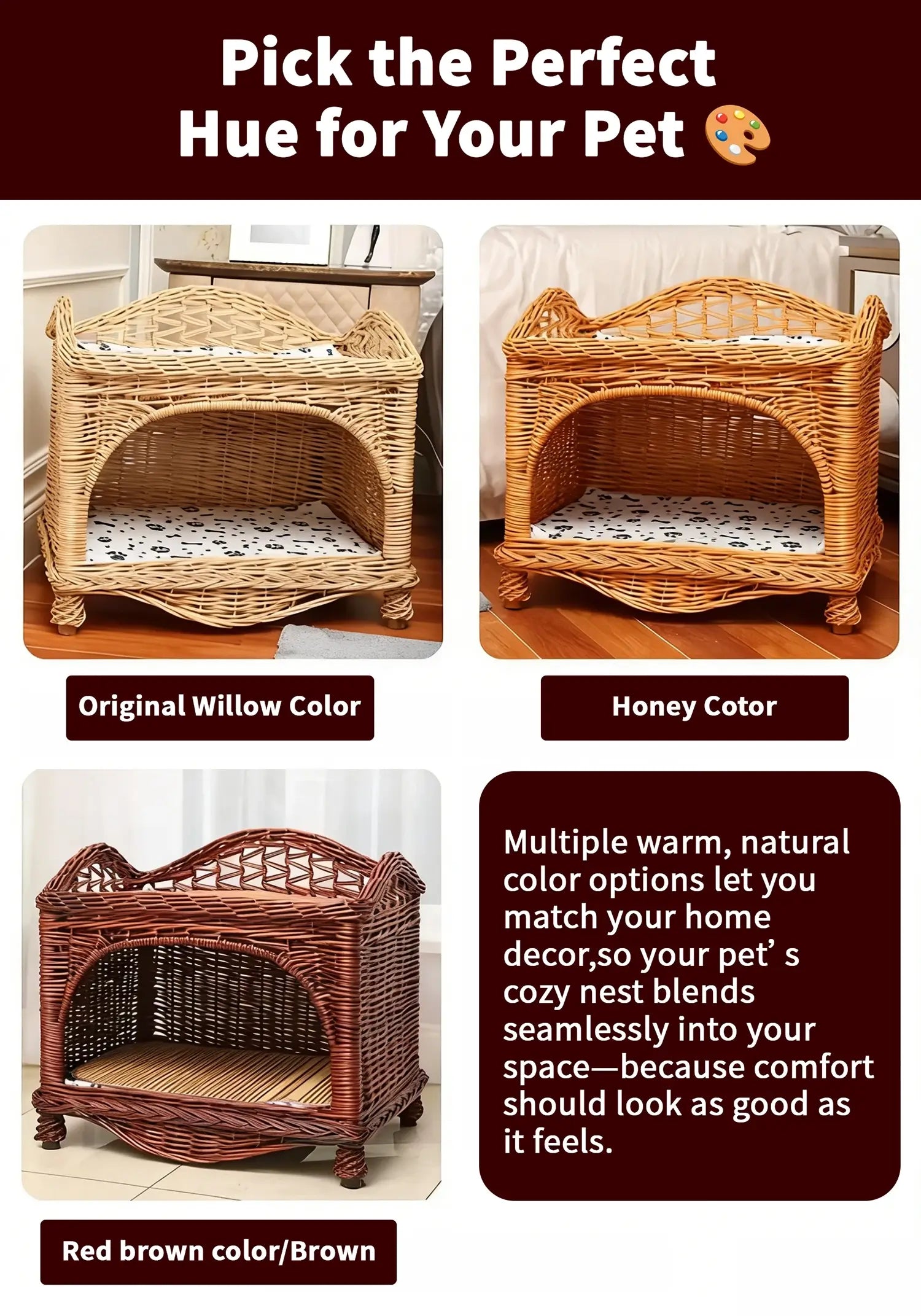 2-Tier Wicker Pet Bed  Elevated Rattan Cat Furniture with Removable Cushions