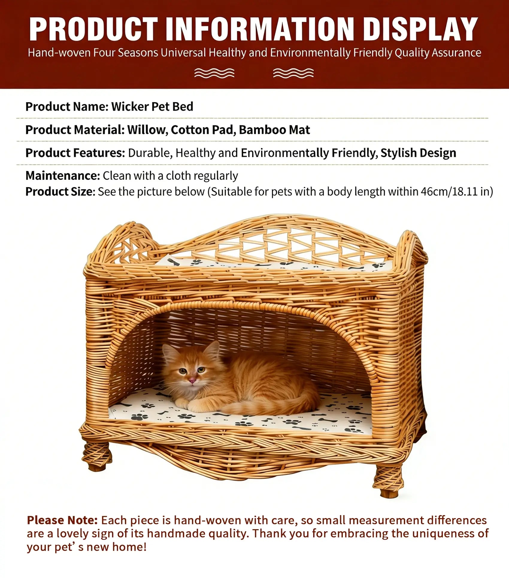 2-Tier Wicker Pet Bed  Elevated Rattan Cat Furniture with Removable Cushions