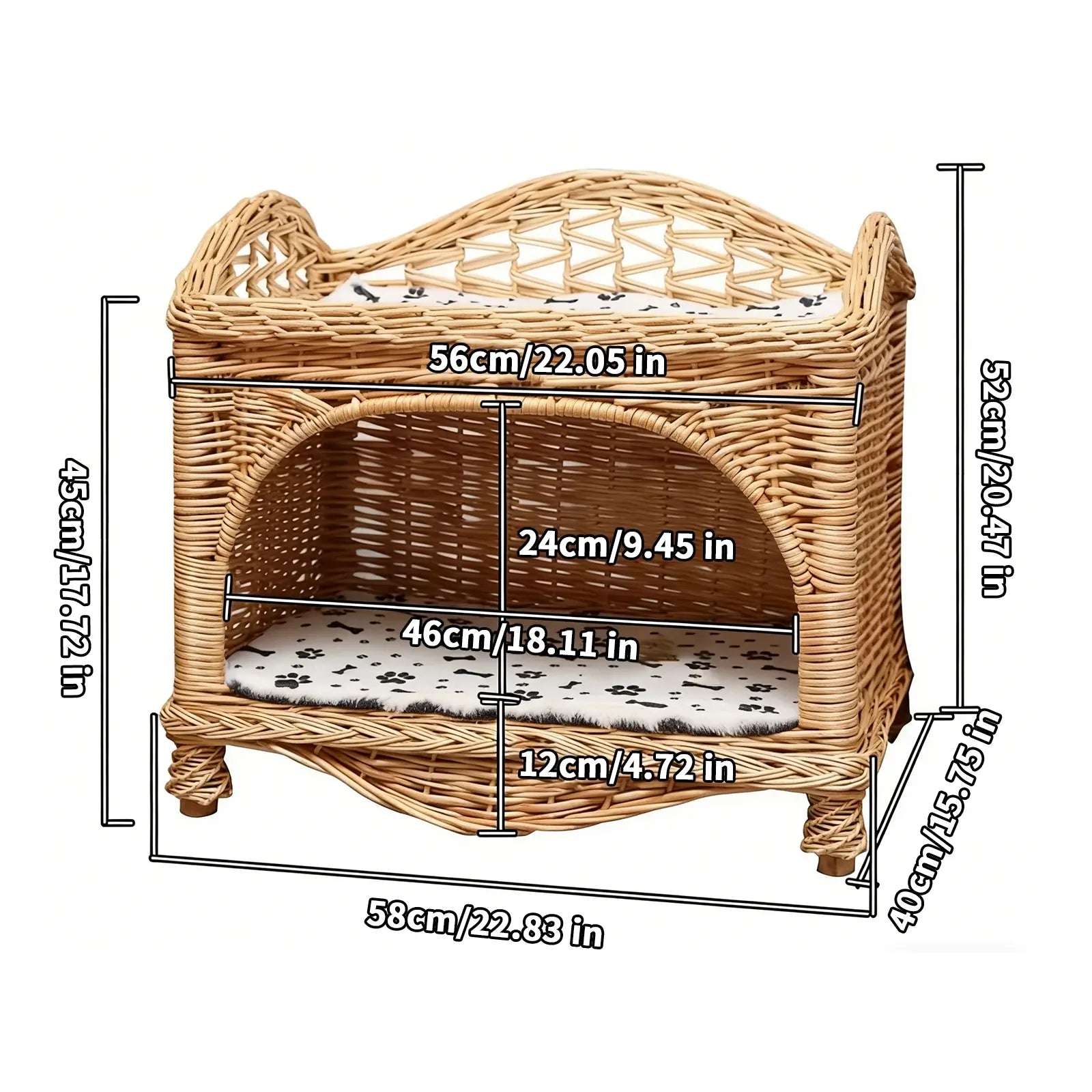 2-Tier Wicker Pet Bed  Elevated Rattan Cat Furniture with Removable Cushions