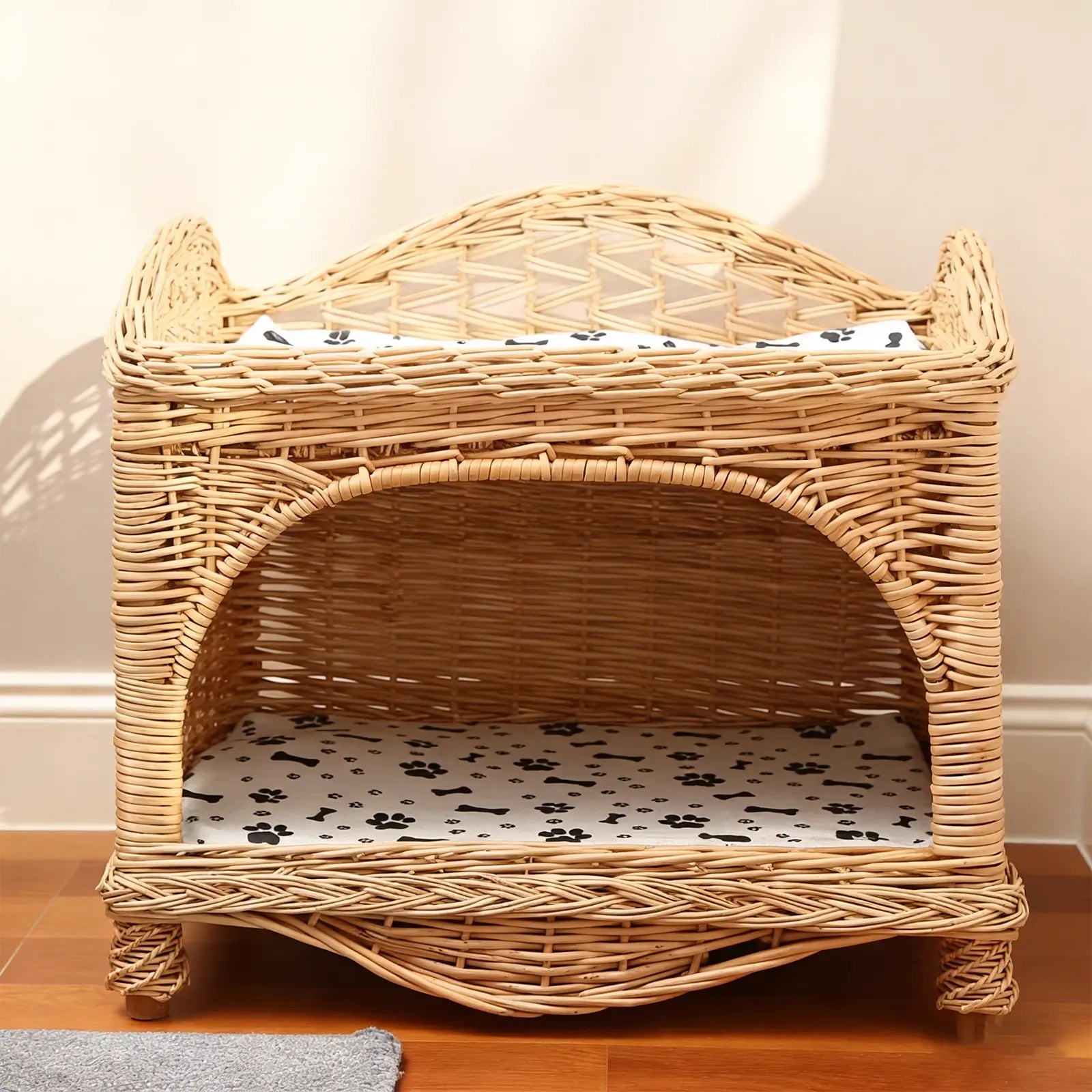 2-Tier Wicker Pet Bed  Elevated Rattan Cat Furniture with Removable Cushions