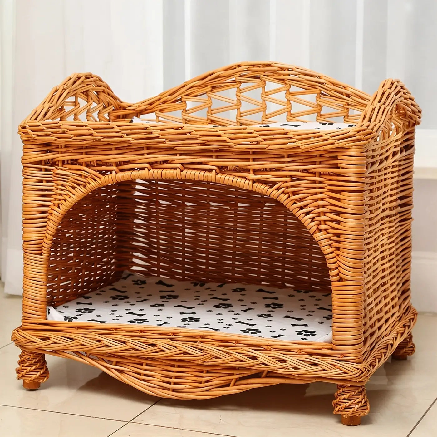 2-Tier Wicker Pet Bed  Elevated Rattan Cat Furniture with Removable Cushions