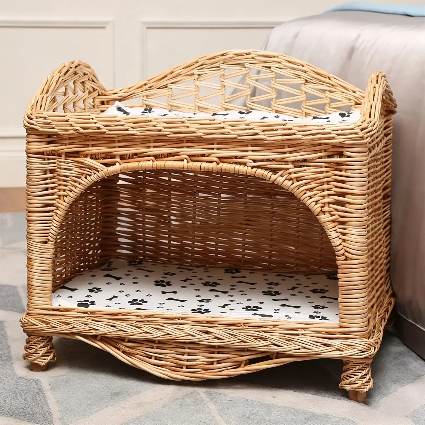 2-Tier Wicker Pet Bed  Elevated Rattan Cat Furniture with Removable Cushions