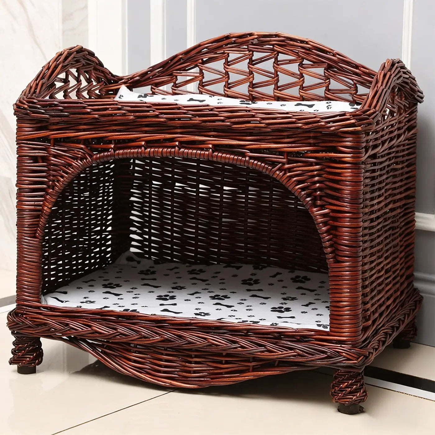 2-Tier Wicker Pet Bed  Elevated Rattan Cat Furniture with Removable Cushions