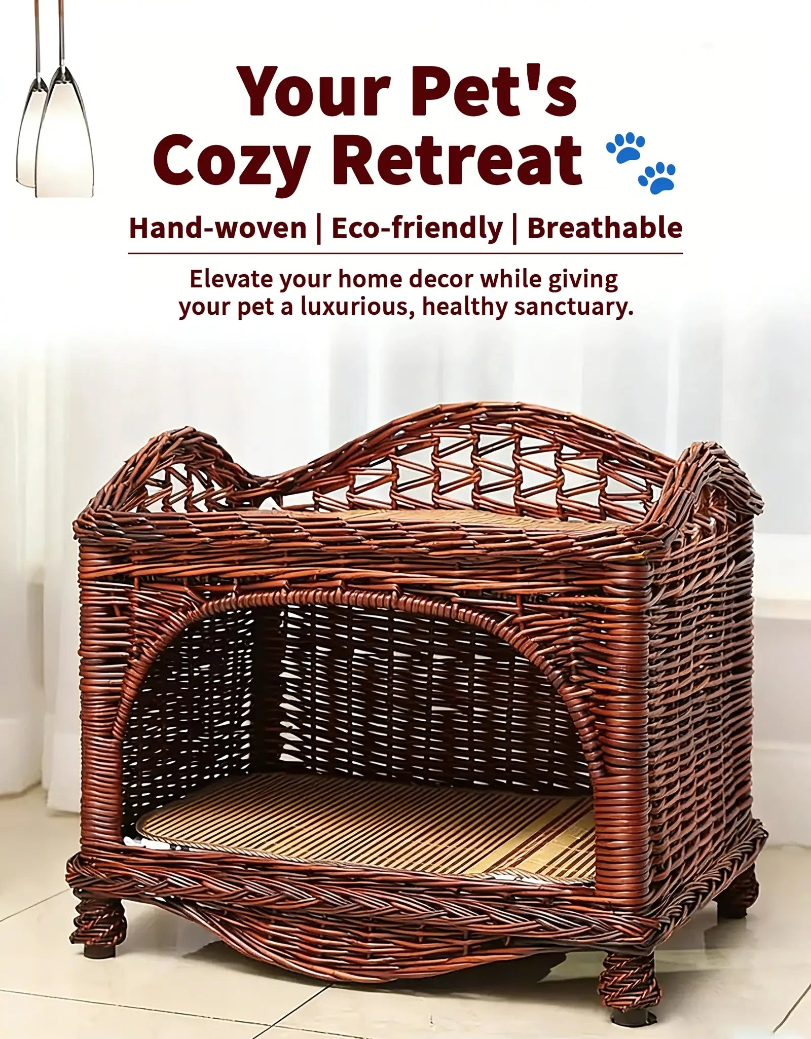 2-Tier Wicker Pet Bed  Elevated Rattan Cat Furniture with Removable Cushions