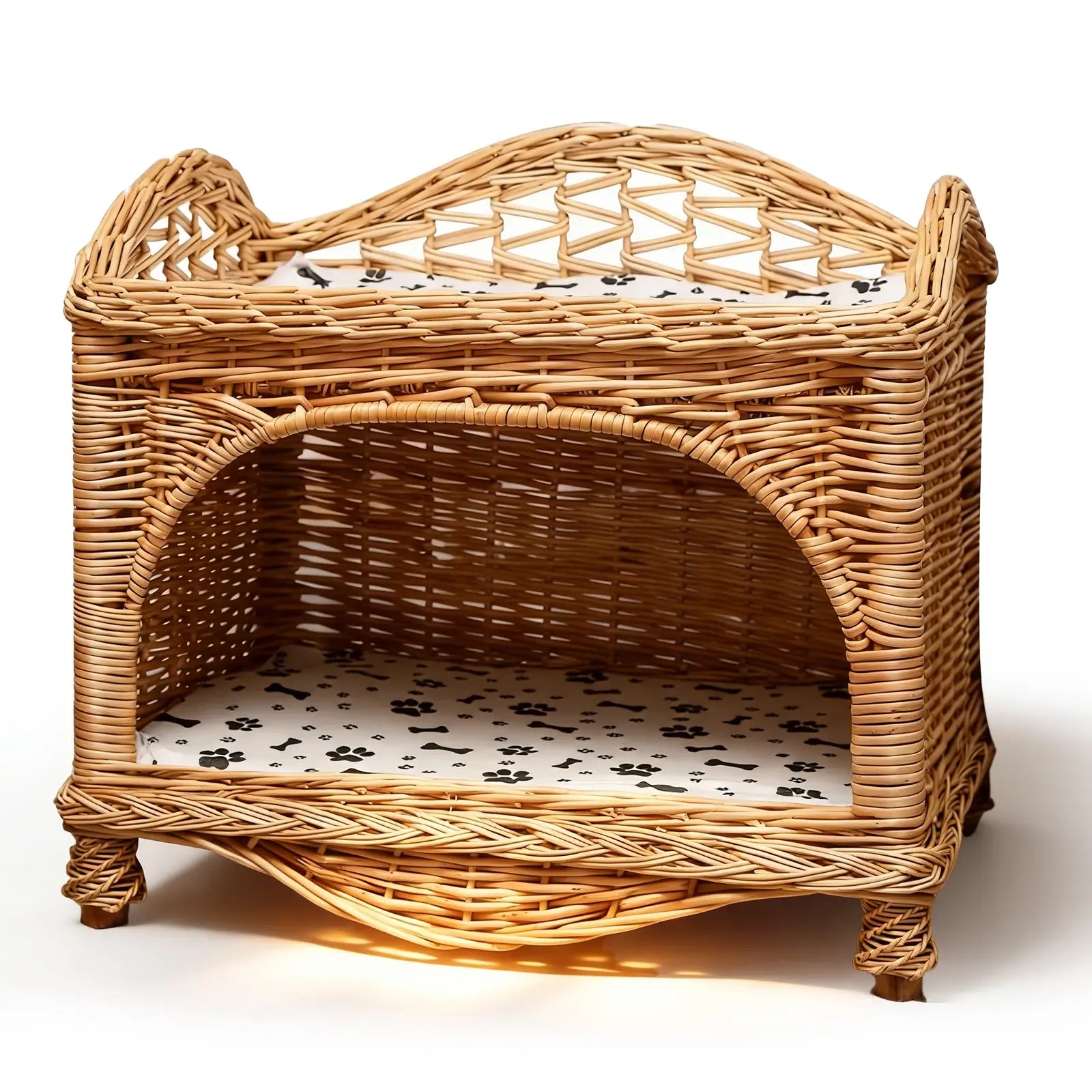 2-Tier Wicker Pet Bed  Elevated Rattan Cat Furniture with Removable Cushions