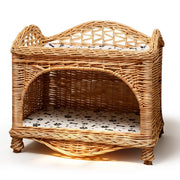 2-Tier Wicker Pet Bed  Elevated Rattan Cat Furniture with Removable Cushions